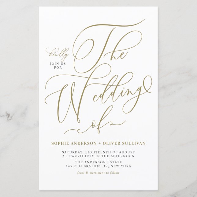Papier Faire-part de mariage de script Whimsical Gold (Devant)
