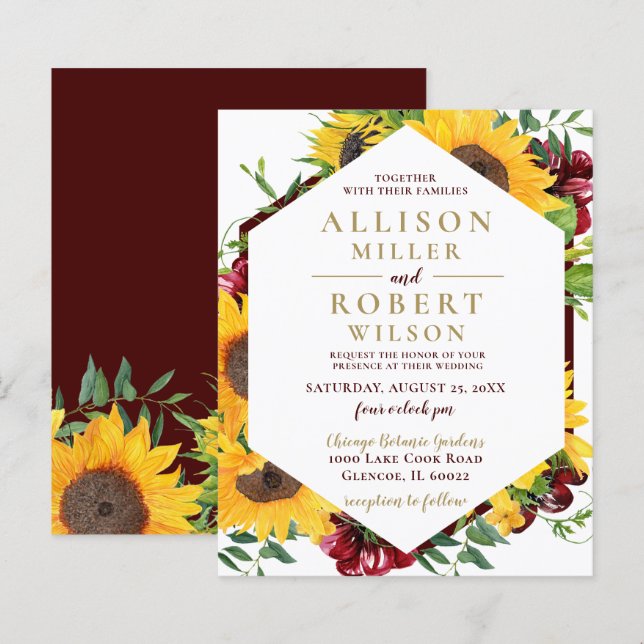 Papier Faire-part de mariage de tournesols Bourgogne (Devant / Derrière)