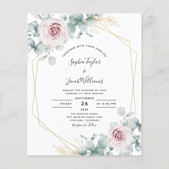 Papier Faire-part de mariage d'Eucalyptus rose budget (Devant)