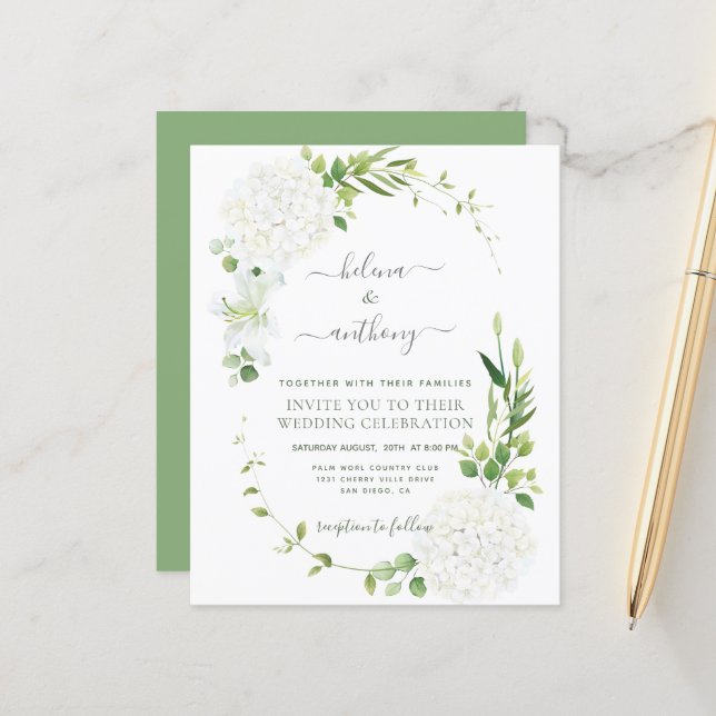 Papier Faire-part de mariage d'hydrangée blanche rustique (Devant/Arrière en situation)