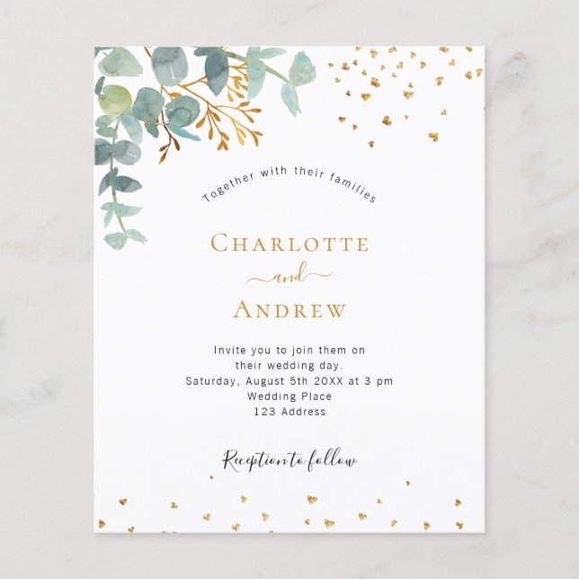 Papier Faire-part de mariage d'or à l'eucalyptus budget (Devant)