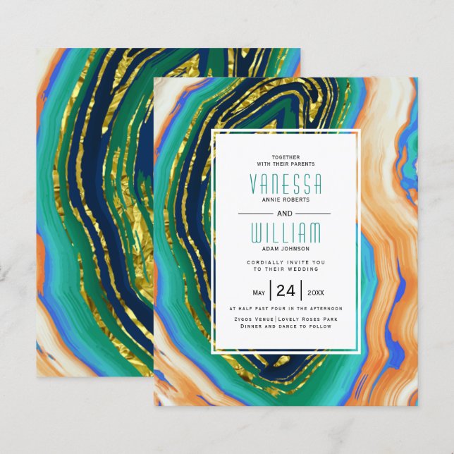 Papier FAIRE-PART DE MARIAGE d'or en tranche bleue BUDGET (Devant / Derrière)
