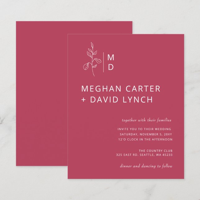 Papier Faire-part de mariage du monogramme botanique budg (Devant / Derrière)