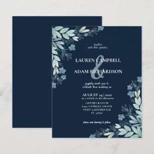 Papier Faire-Part de Mariage Élégant et Feuillage Bleu à