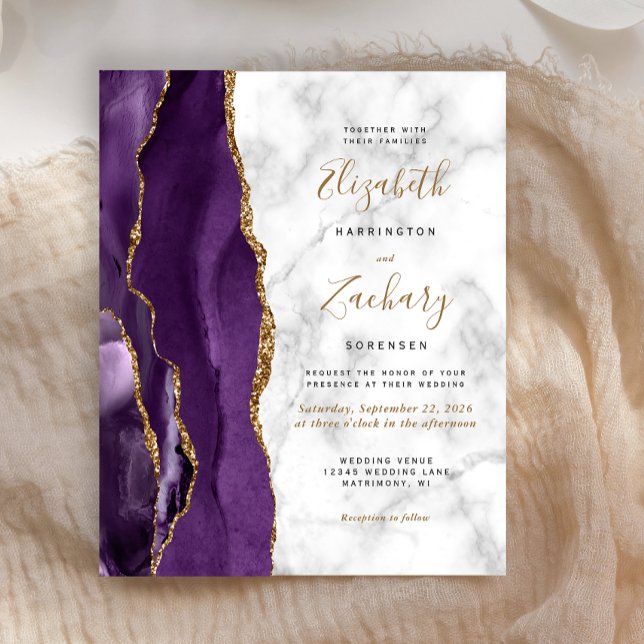 Papier Faire-part de mariage en marbre d'agate violet or  (Créateur téléchargé)