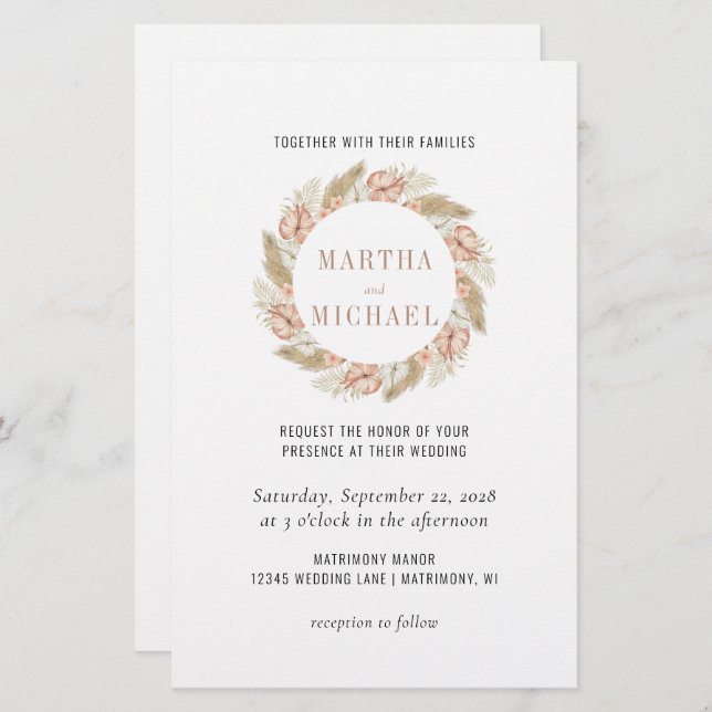 Papier Faire-part de mariage floral boho minimal (Devant / Derrière)