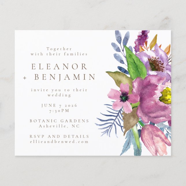 Papier Faire-part de mariage floral de jardin violet budg (Devant)