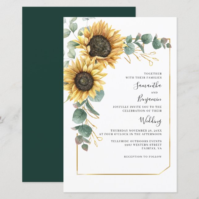 Papier Faire-part de mariage floral de tournesol Eucalypt (Devant / Derrière)