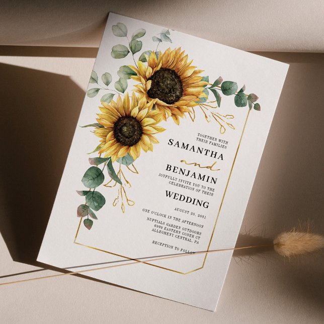 Papier Faire-part de mariage floral de tournesol Eucalypt (Sunflower Eucalyptus Elegant Botanical Wedding Invitation)