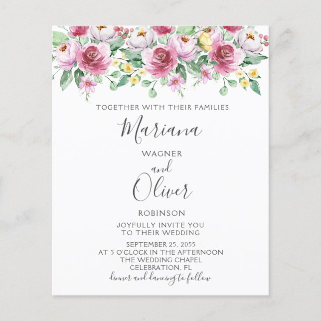 Papier Faire-part de mariage floral rose rose (Devant)