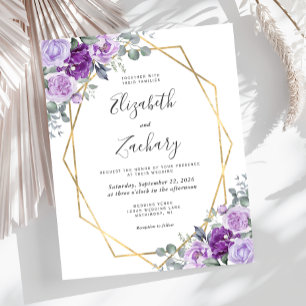 Papier Faire-part de mariage floral violet avec cadre dor