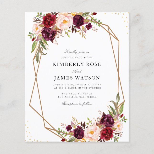 Papier Faire-part de mariage florale d'aquarelle rouge bo (Devant)