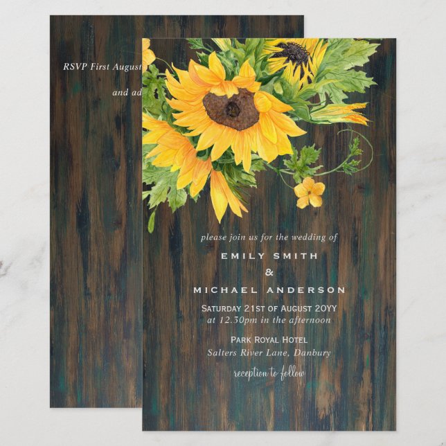 Papier Faire-Part de Mariage Grange Rustique Tournesols B (Devant / Derrière)