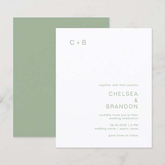 Papier Faire-part de mariage moderne Chelsea Sage Green (Devant / Derrière)