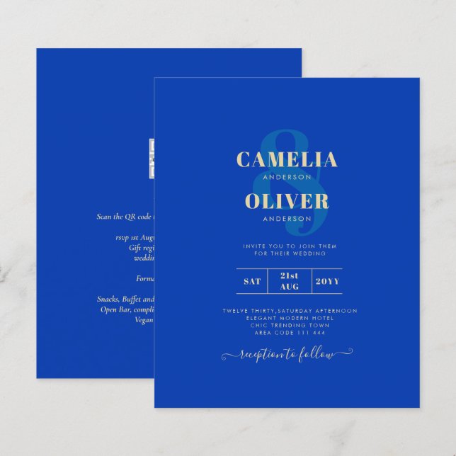 Papier Faire-part de mariage monochrome bleu royal budget (Devant / Derrière)