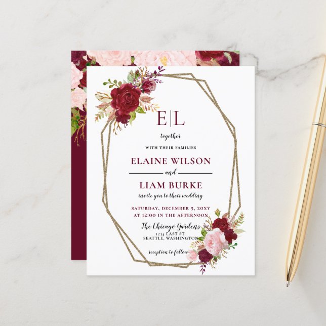 Papier Faire-part de mariage Monogramme Blush Bourgogne B (Devant/Arrière en situation)