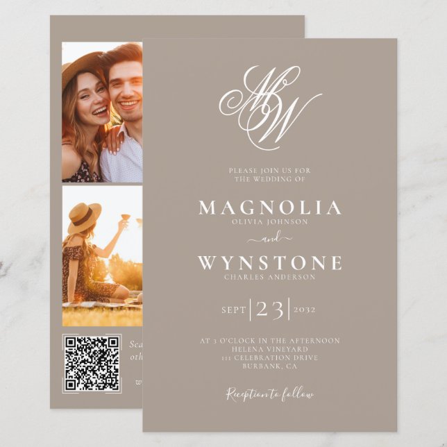 Papier Faire-part de mariage Monogramme budgétaire | Taup (Devant / Derrière)