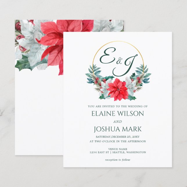Papier Faire-part de mariage Monogramme Poinsettia Budget (Devant / Derrière)