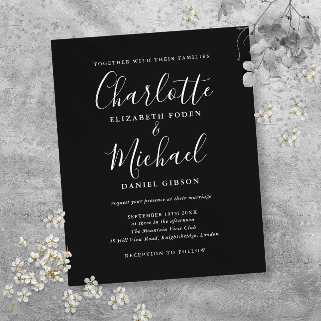 Papier Faire-part de mariage noir et blanc à petit budget (Budget Black White Script Wedding Invitation)