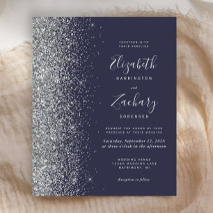 Papier Faire-part de mariage pailleté bleu foncé argenté