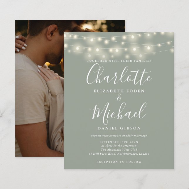 Papier Faire-part de mariage photo avec lumières vert sau (Devant / Derrière)