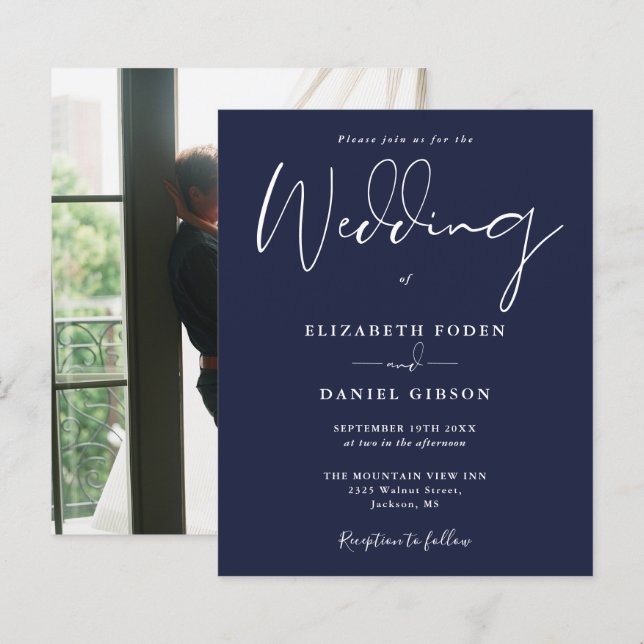 Papier Faire-part de mariage photo bleu marine (Devant / Derrière)