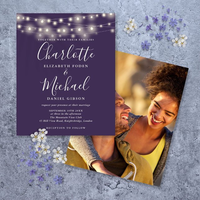 Papier Faire-part de mariage photo Budget Purple Lights (Budget Purple Lights Photo Wedding Invitation)