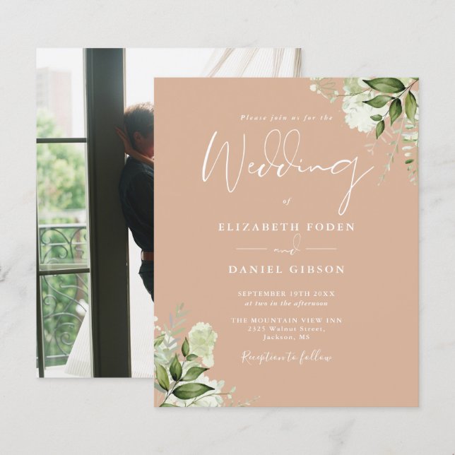 Papier Faire-part de mariage photo Budget Vert Tan (Devant / Derrière)