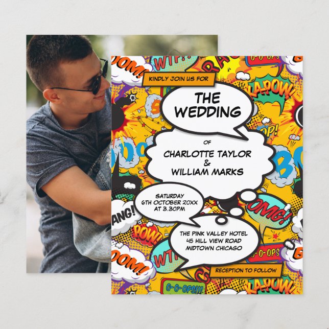 Papier Faire-Part de Mariage Photo de Bande Dessinée de B (Devant / Derrière)