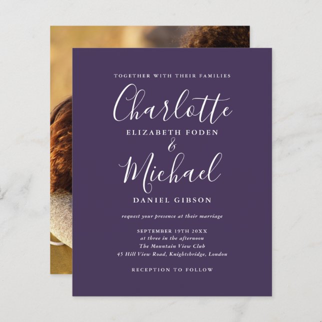 Papier Faire-part de mariage photo de script violet budgé (Devant / Derrière)