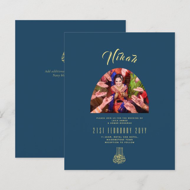 Papier FAIRE-PART DE MARIAGE PHOTO NIKAH Blue Gold (Devant / Derrière)