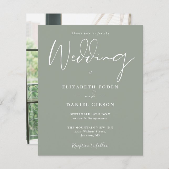 Papier Faire-part de mariage photo verte de Budget Sage (Devant / Derrière)