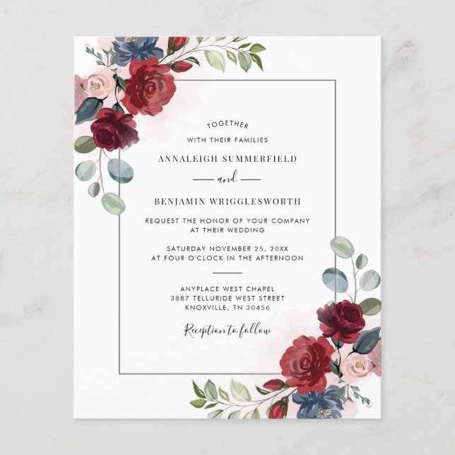 Papier Faire-part de mariage printanier floral en Bourgog (Devant)