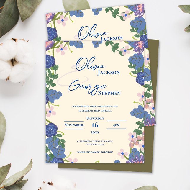 Papier Faire-part de mariage romantique violet et bleu (Purple and Blue Floral Romantic Wedding Invitation)