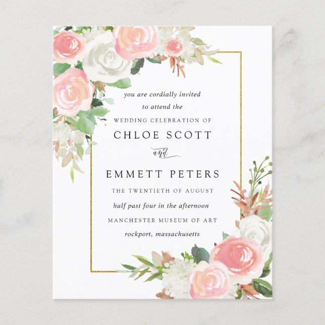Papier Faire-part de mariage rustique floral rose et blan (Devant)