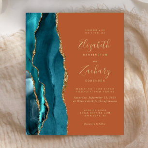 Papier Faire-part de mariage sarcelle doré agate orange b