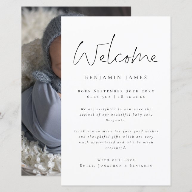 Papier Faire-part de naissance de Merci d'accueil de phot (Devant / Derrière)