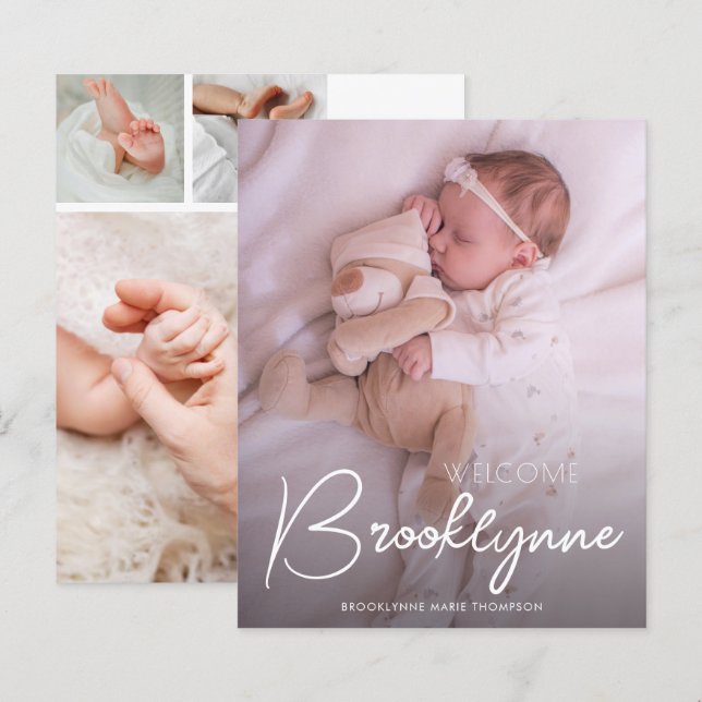 Papier Faire-part de naissance de script blanc de la phot (Devant / Derrière)