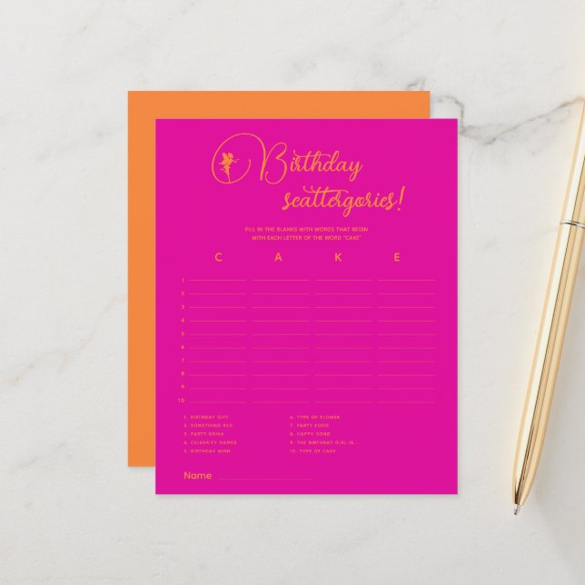 Papier Fairy Birthday scattergories! Jeu de fête d'annive (Devant/Arrière en situation)