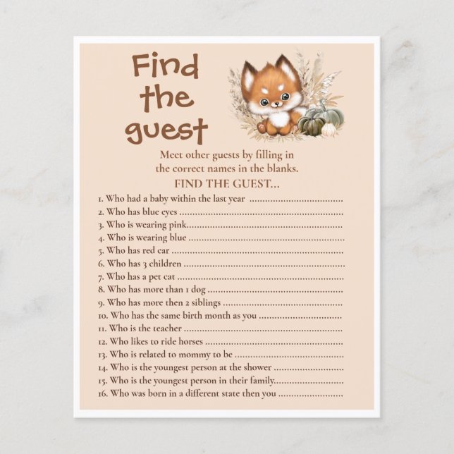 Papier Fall Fox Beige Trouver Le Baby shower Invité Jeu (Devant)