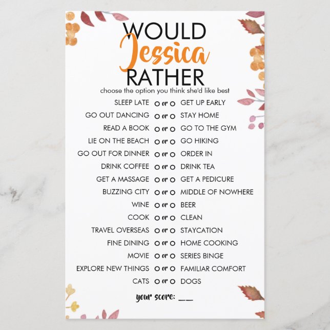 Papier Fall Leaves Customisable Would She Rather Game (Devant)