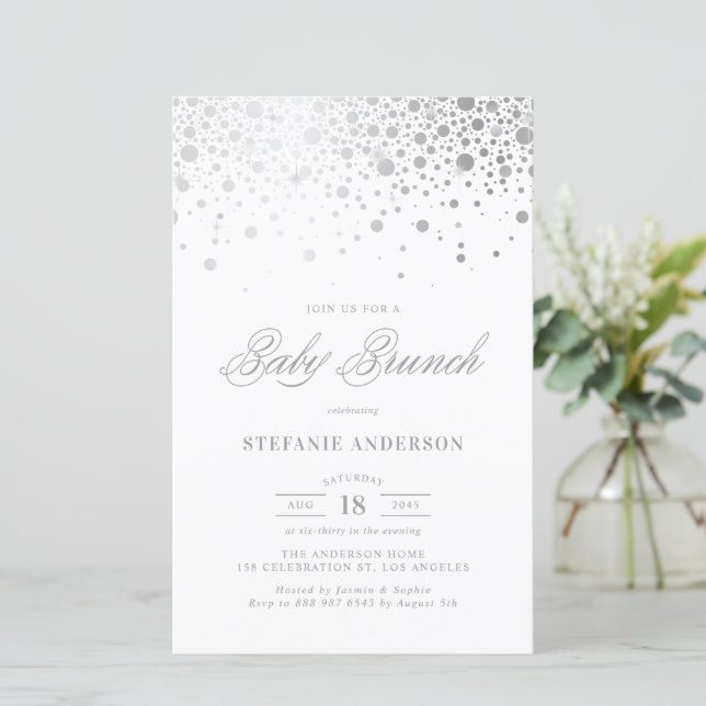 Papier Faux Silver Foil Confetti Baby Brunch Invitation (Debout devant)