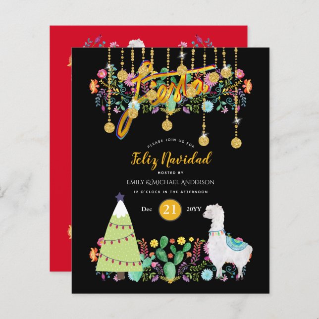 Papier Feliz Navidad Fiesta Invitation Folk BUDGET Fleurs (Devant / Derrière)