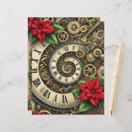 Papier Festif Steampunk Spiral Clockwork et Poinsettia