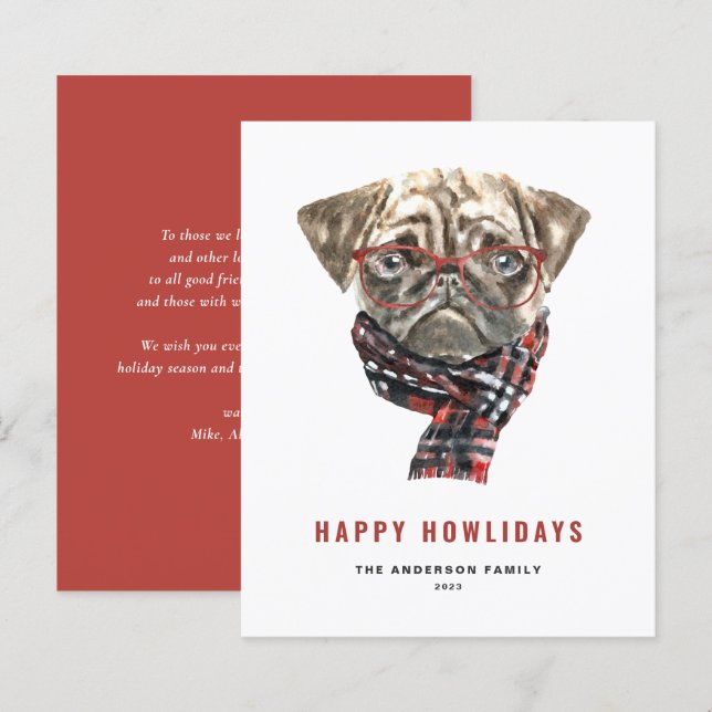 Papier Festive Carlin d'aquarelle Happy Howlidays Card (Devant / Derrière)