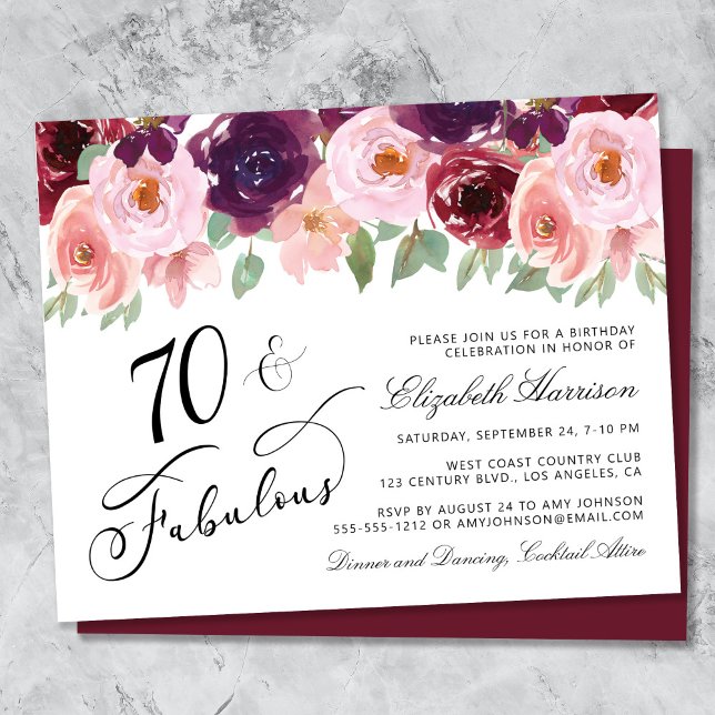 Papier Fête d'anniversaire 70 ans Budget Floral Bourgogne (Créateur téléchargé)