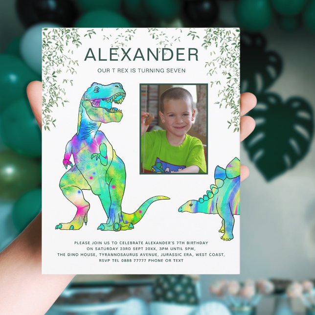 Papier Fête d'anniversaire Dinosaure Jungle T Rex Rugisse (Dinosaur T-Rex jungle 7th birthday party invitation with photo template)