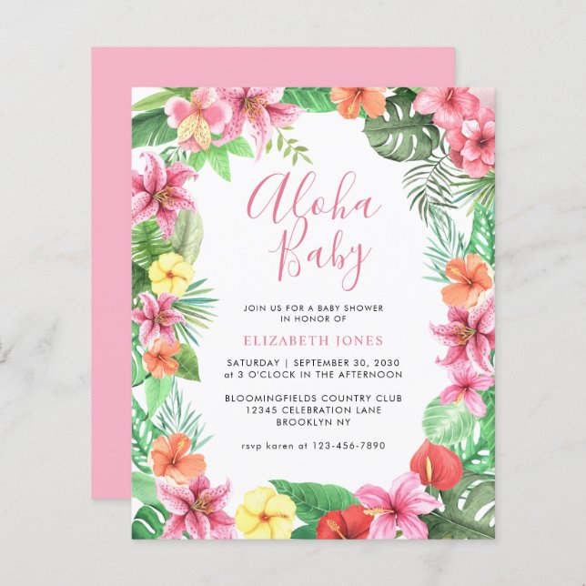Papier Fête de Bébé Florale Tropicale Été Rose Aloha (Devant / Derrière)