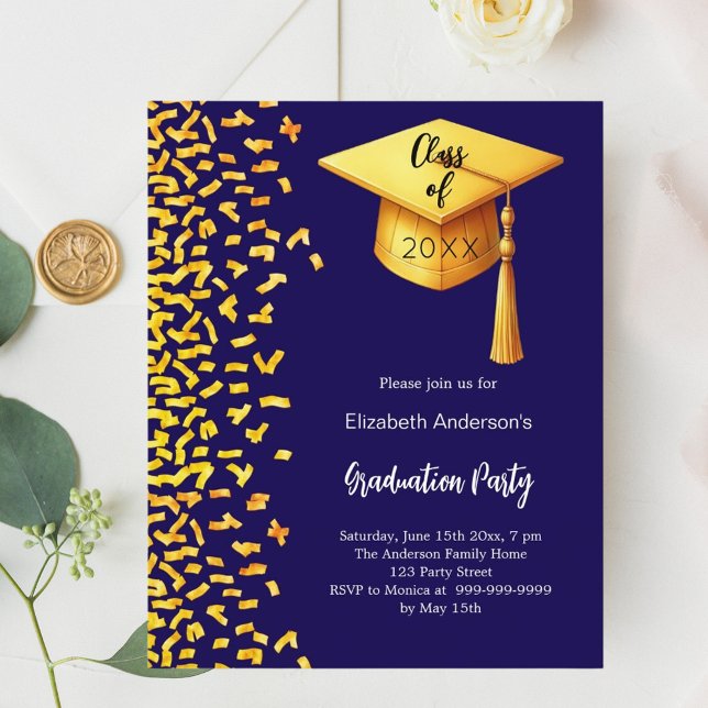 Papier Fête de graduation en or bleu foncé invitation (Créateur téléchargé)