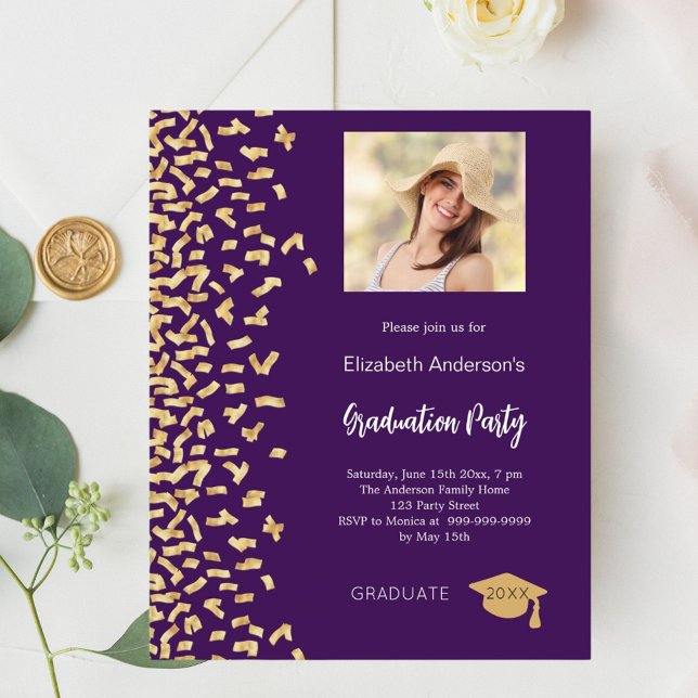 Papier Fête de graduation or violet invitation photo (Créateur téléchargé)
